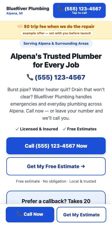 Example website the engine built for a fictional plumber in Alpena, MI